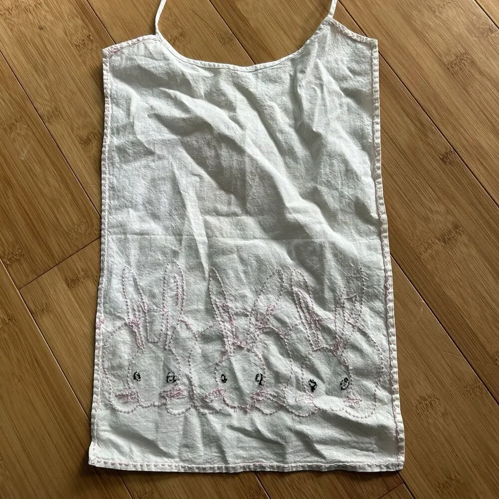 Vintage Handmade Bunny Rabbit Embroidered Baby Bib White Pink